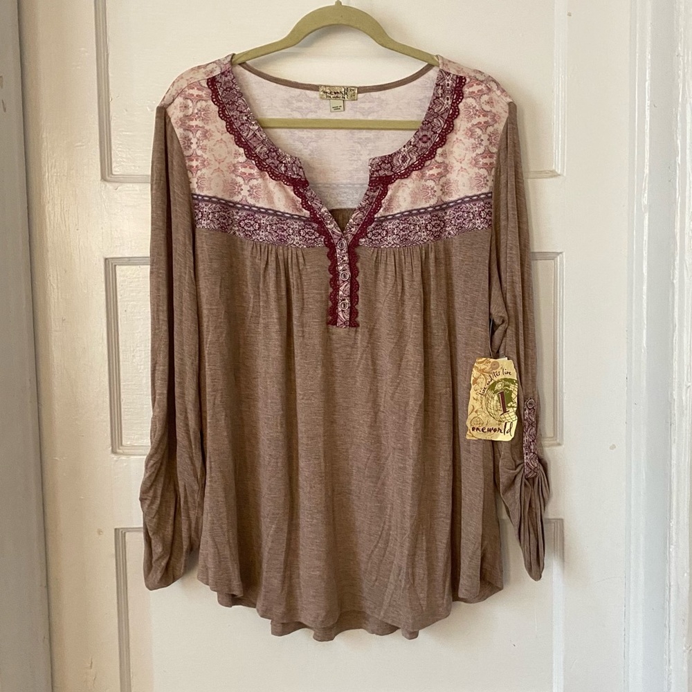 One World 3/4 Sleeve Mauve Rose Shirt Size 2X NWT